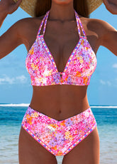 Biquíni Floral Cintura Alta Com Brilho E Toque Neon
