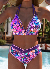 Biquíni Floral Estampado Cintura Alta Com Contraste Fino