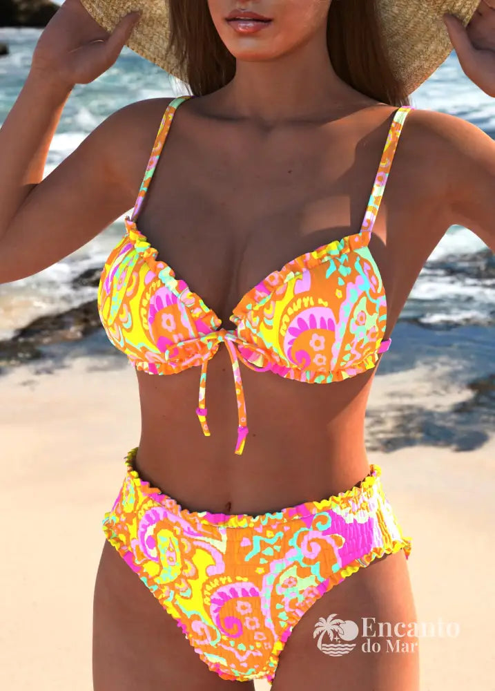 Biquíni Estampado Cintura Alta Com Babados E Laço Frontal Amarela / PP Biquíni Estampado Cintura Alta Com Babados E