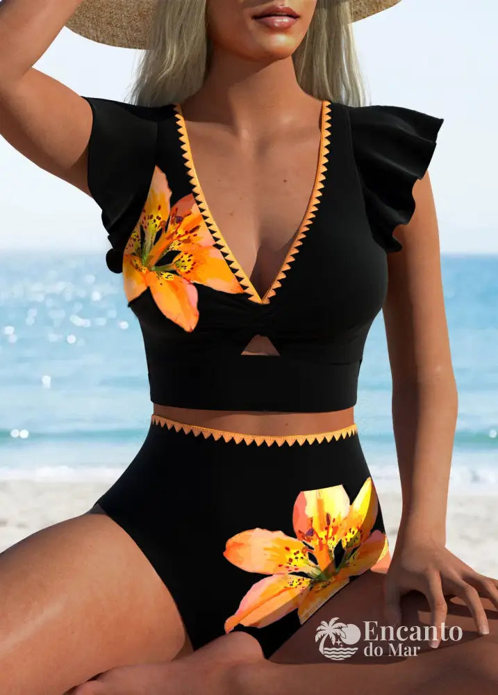 Conjunto Praia Top Com Manga Babado Floral Preto / PP Conjunto Praia Top Com Manga Babado Floral