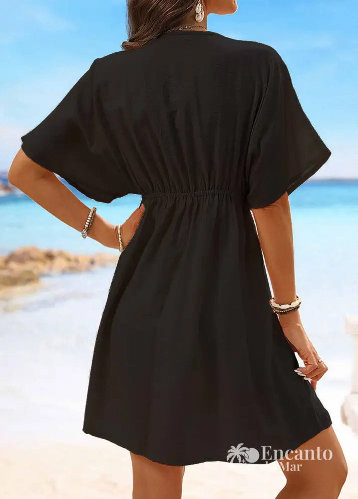 Saída De Praia Decote V Com Renda E Cintura Marcada Saída De Praia Decote V Com Renda E Cintura Marcada