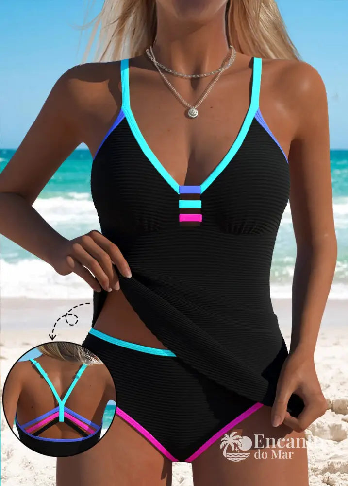 Tankíni Com Recortes Coloridos E Alças Cruzadas Preto / PP Tankíni Com Recortes Coloridos E Alças Cruzadas