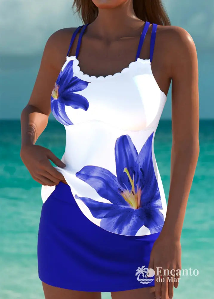 Tankíni Floral Com Alças Duplas E Acabamento Ondulado Tankíni Floral Com Alças Duplas E Acabamento Ondulado