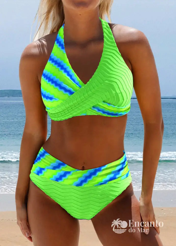 Biquíni Animal Print Transpassado Cintura Alta Texturizado Verde / PP Biquíni Animal Print Transpassado Cintura Alta