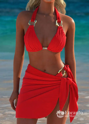 Conjunto Biquíni Com Argolas E Saia Transpassada Vermelho / PP Conjunto Biquíni Com Argolas E Saia Transpassada