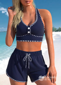 Conjunto Praia Top Com Botões E Short Cintura Alta Azul-marinho / PP Conjunto Praia Top Com Botões E Short Cintura Alta