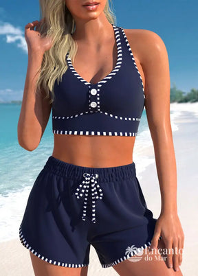 Conjunto Praia Top Com Botões E Short Cintura Alta Azul-marinho / PP Conjunto Praia Top Com Botões E Short Cintura Alta