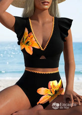 Conjunto Praia Top Com Manga Babado Floral Preto / PP Conjunto Praia Top Com Manga Babado Floral