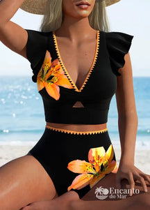 Conjunto Praia Top Com Manga Babado Floral Preto / PP Conjunto Praia Top Com Manga Babado Floral