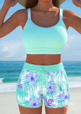 Conjunto Praia Top Cropped Com Short Estampado Azul Celeste / PP Conjunto Praia Top Cropped Com Short Estampado