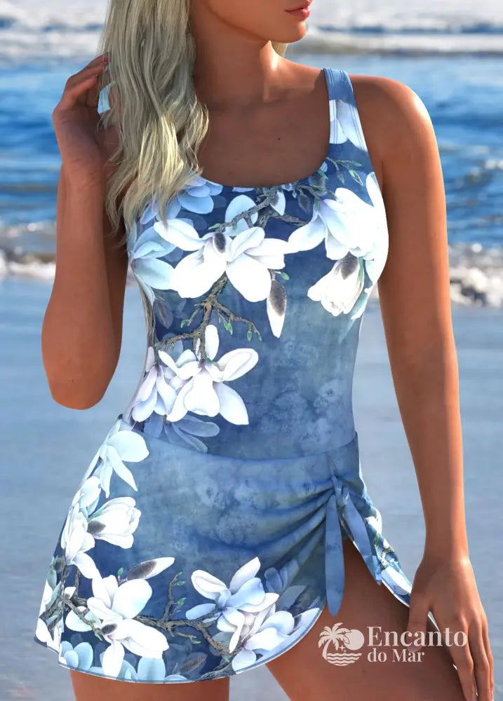 Maiô Floral Estampado Com Saia Assimétrica E Laço Azul / PP Maiô Floral Estampado Com Saia Assimétrica E Laço