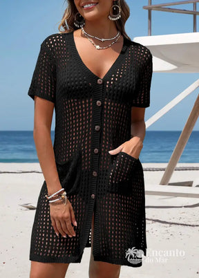 Saída De Praia Aberta Em Tricot Com Botões E Bolsos Saída De Praia Aberta Em Tricot Com Botões E Bolsos