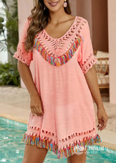 Saída De Praia Crochê Colorido Com Franjas Charmosas Rosa / PP Saída De Praia Crochê Colorido Com Franjas Charmosas