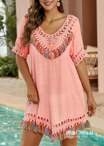 Saída De Praia Crochê Colorido Com Franjas Charmosas Rosa / PP Saída De Praia Crochê Colorido Com Franjas Charmosas