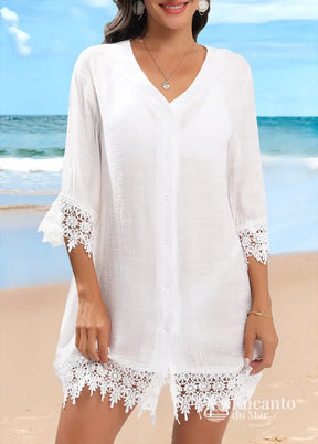 Saída De Praia Renda Floral Com Botões Sofisticados Saída De Praia Renda Floral Com Botões Sofisticados