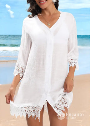 Saída De Praia Renda Floral Com Botões Sofisticados Saída De Praia Renda Floral Com Botões Sofisticados