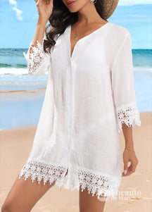 Saída De Praia Renda Floral Com Botões Sofisticados Branco / PP Saída De Praia Renda Floral Com Botões Sofisticados