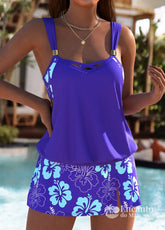 Tankíni Alças Duplas Com Estampa Floral Tropical Roxo / PP Tankíni Alças Duplas Com Estampa Floral Tropical