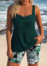 Tankíni Canelado Com Decote Torcido E Estampa Wave Verde / PP Tankíni Canelado Com Decote Torcido E Estampa Wave