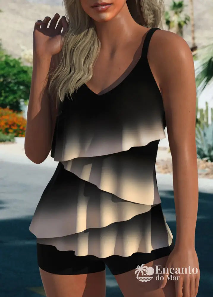 Tankini Com Babados Em Camadas E Shorts Tankini Com Babados Em Camadas E Shorts