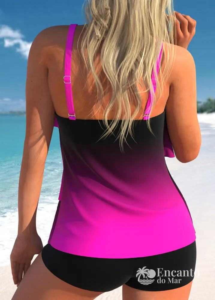 Tankini Com Babados Em Camadas E Shorts Tankini Com Babados Em Camadas E Shorts