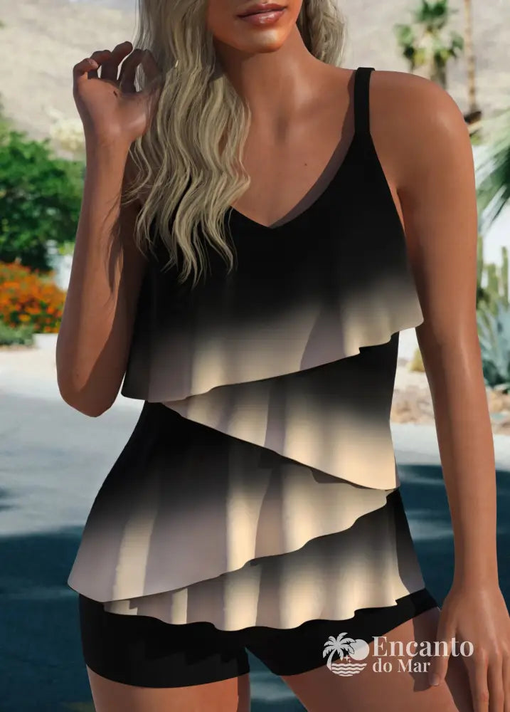 Tankini Com Babados Em Camadas E Shorts Café / PP Tankini Com Babados Em Camadas E Shorts