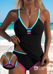 Tankíni Com Recortes Coloridos E Alças Cruzadas Preto / PP Tankíni Com Recortes Coloridos E Alças Cruzadas