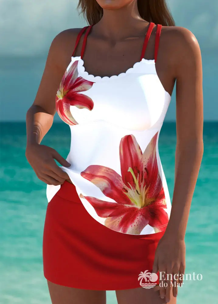 Tankíni Floral Com Alças Duplas E Acabamento Ondulado Tankíni Floral Com Alças Duplas E Acabamento Ondulado