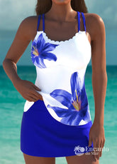 Tankíni Floral Com Alças Duplas E Acabamento Ondulado Azul / PP Tankíni Floral Com Alças Duplas E Acabamento Ondulado