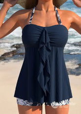 Tankíni Plissado Frente Única Com Babado Central Azul-marinho / PP Tankíni Plissado Frente Única Com Babado Central