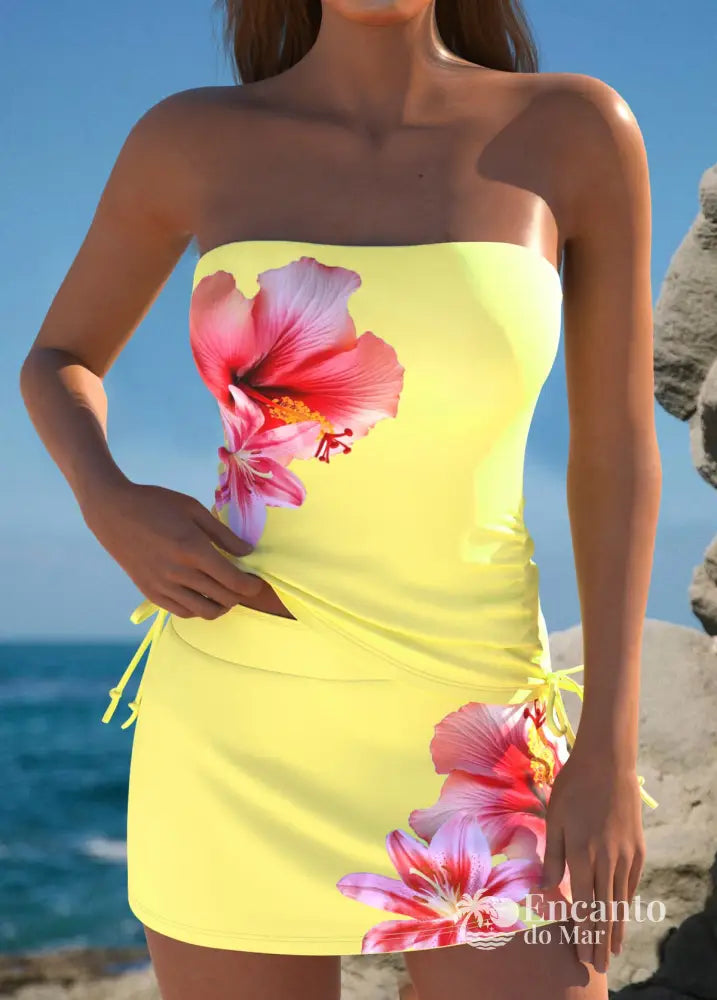 Tankíni Tomara Que Caia Floral Com Laços Laterais Amarela / PP Tankíni Tomara Que Caia Floral Com Laços Laterais